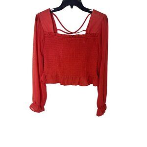 Miss Chievous Coral Smocked Long Sleeve Top With Ruffle Hem & Open Back Size L